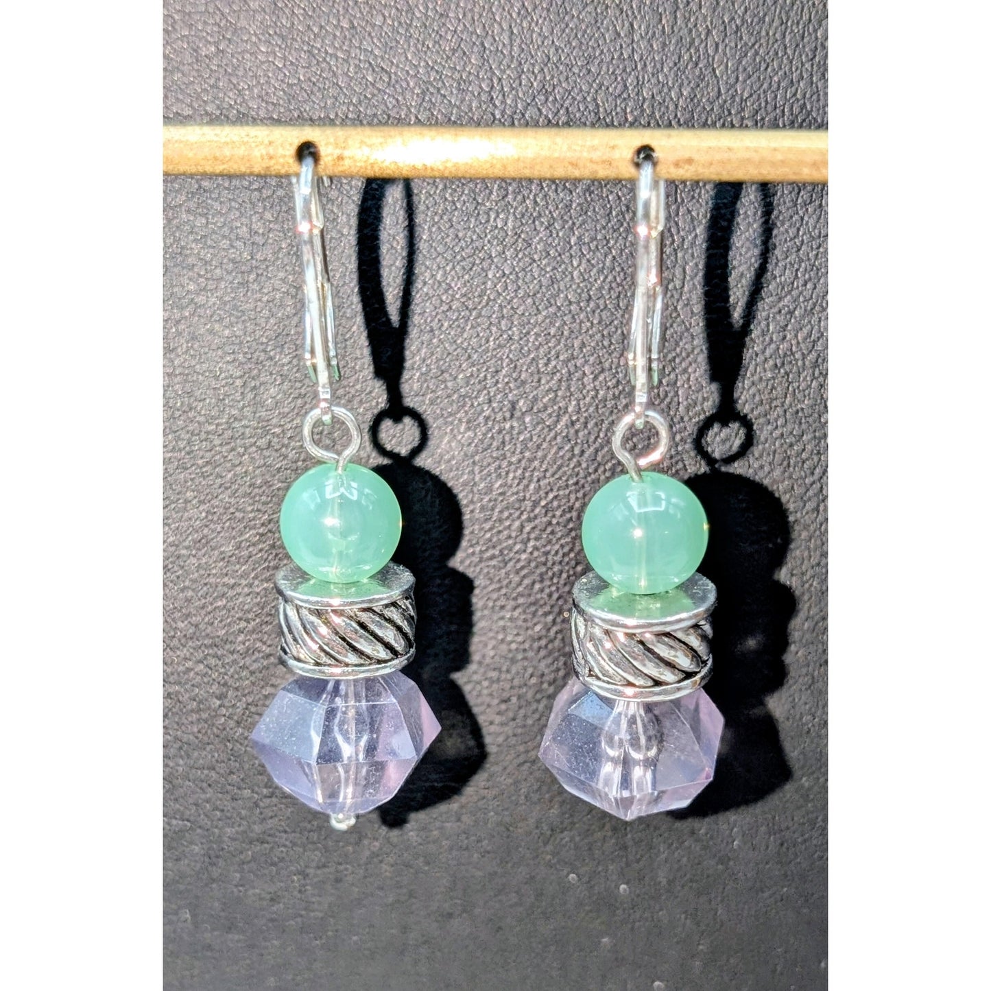 Green Stone Silver Tone Lever Back Dangle Earrings