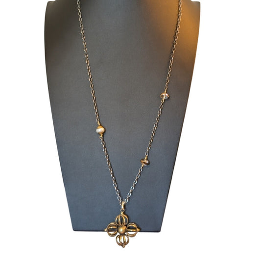 Vintage Bronze Cage Flower Pearl & Crystal Beads Rolo Link Long Boho Necklace