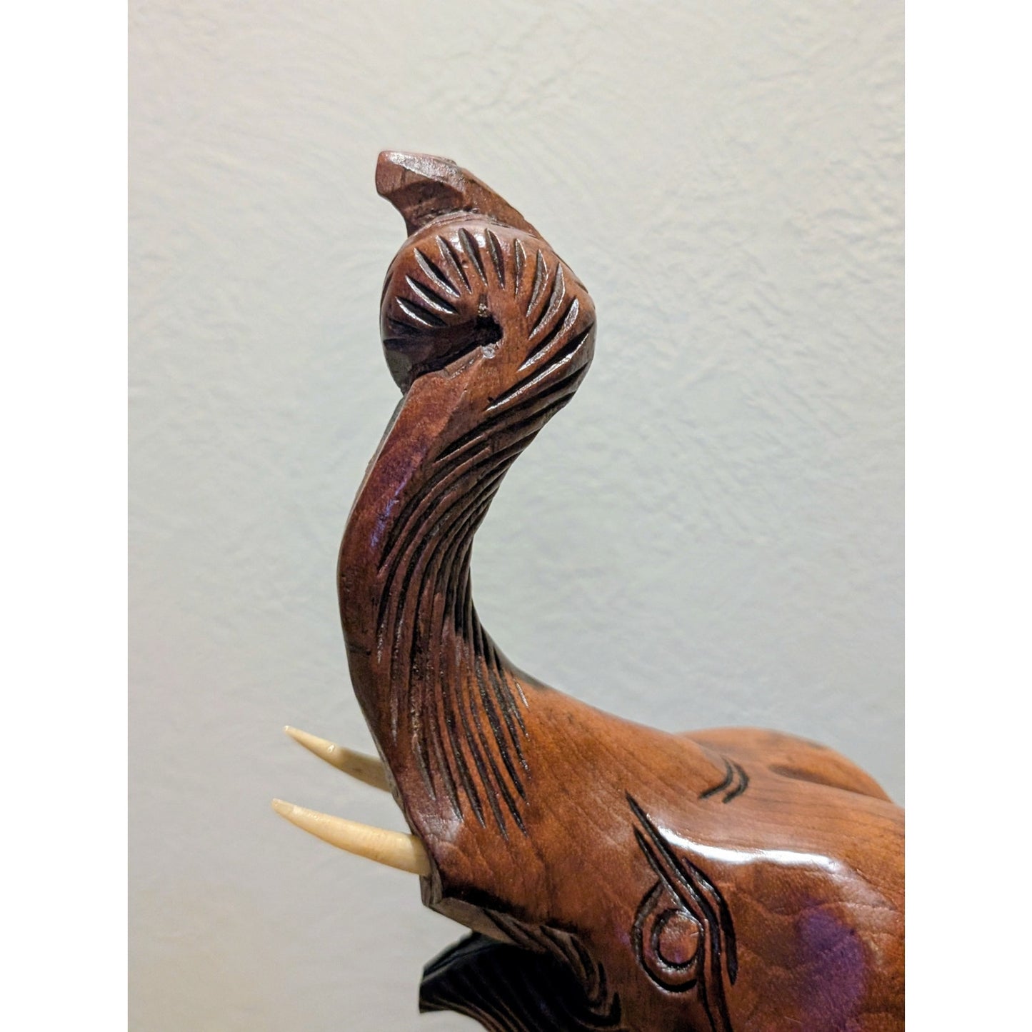 VTG Mid 20th Century Hand Carved Trunk Up Tusked Wooden Elephant Sculpture