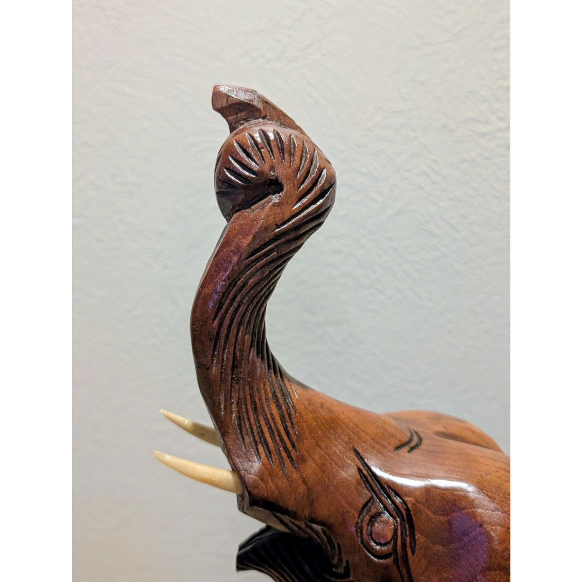 VTG Mid 20th Century Hand Carved Trunk Up Tusked Wooden Elephant Sculpture