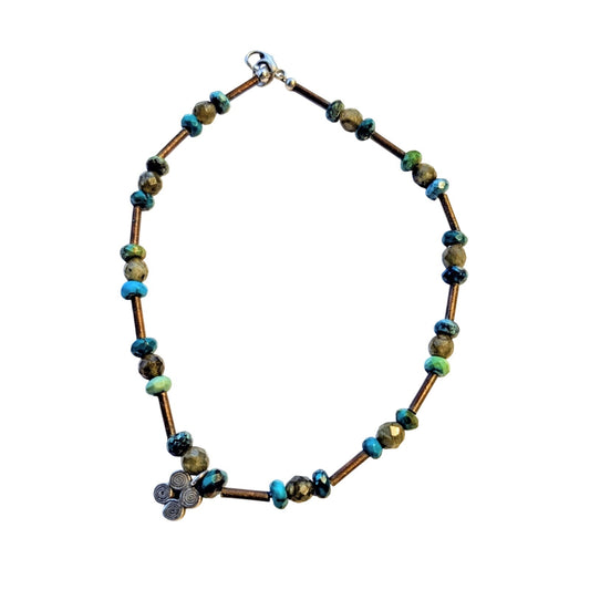 925 Sterling Silver Turquoise & Glass Copper Rod Beaded 11" Ankle Bracelet