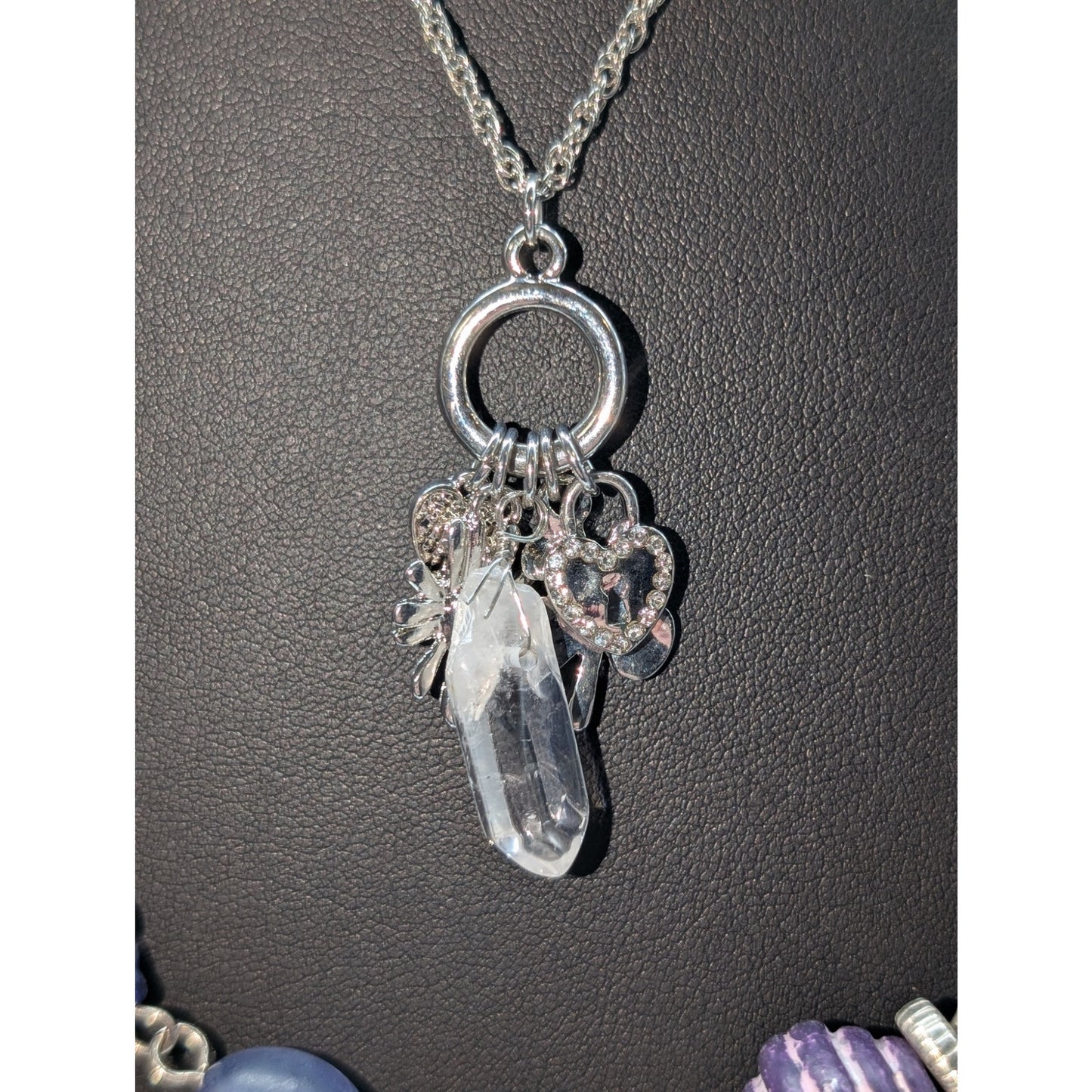 Lot of Three Silver Tone Necklaces --Vtg Long Chain Purple Bead & Charm Pendant