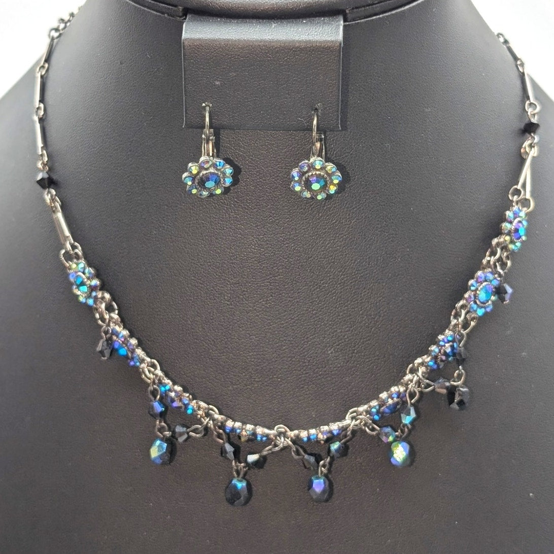 Dark Blue AB Crystal Gun Metal 11"-15.5" Necklace and Lever Back Earring Set