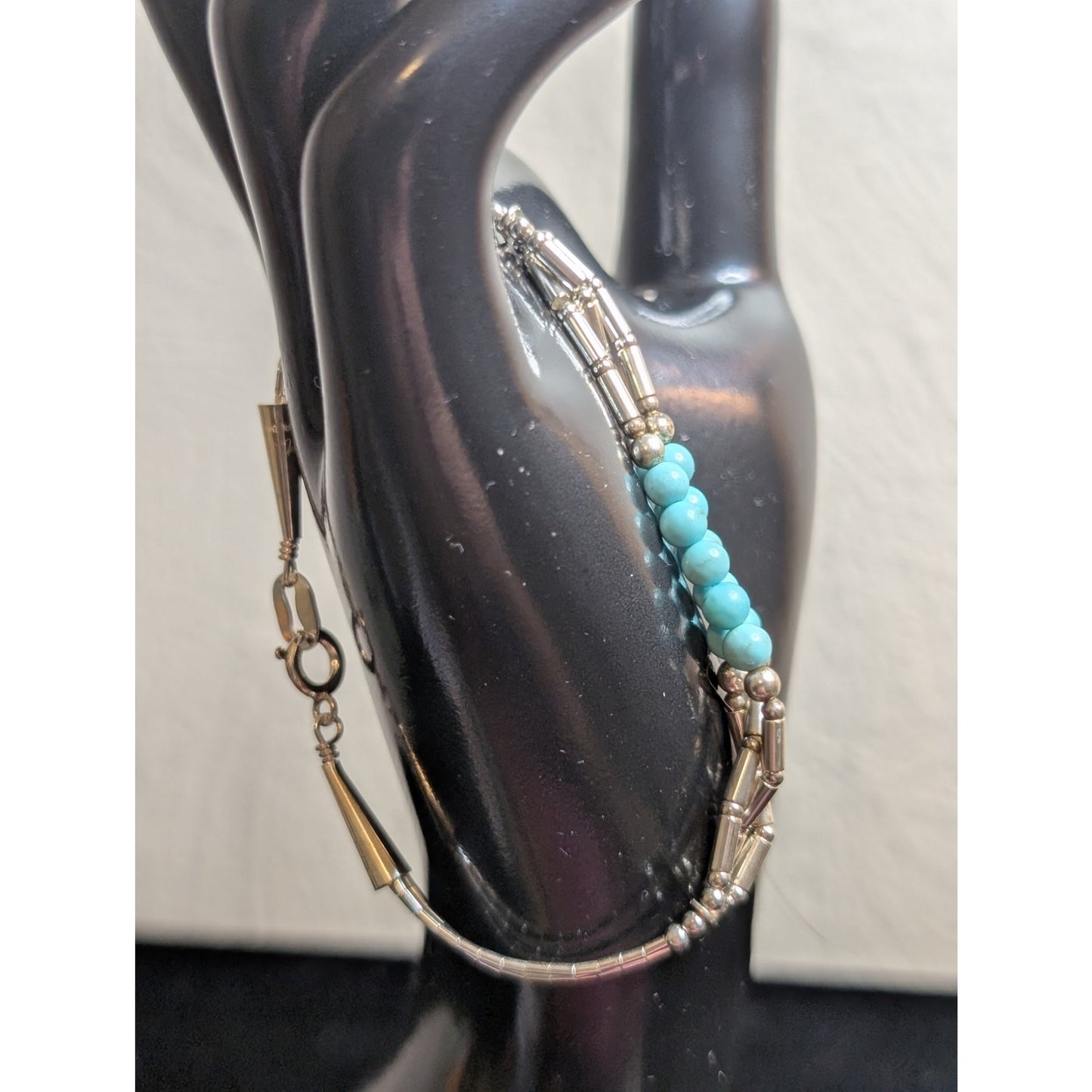 VTG Navajo Signed Turquoise Bead Three Strand Liquid Sterling Silver Bracelet