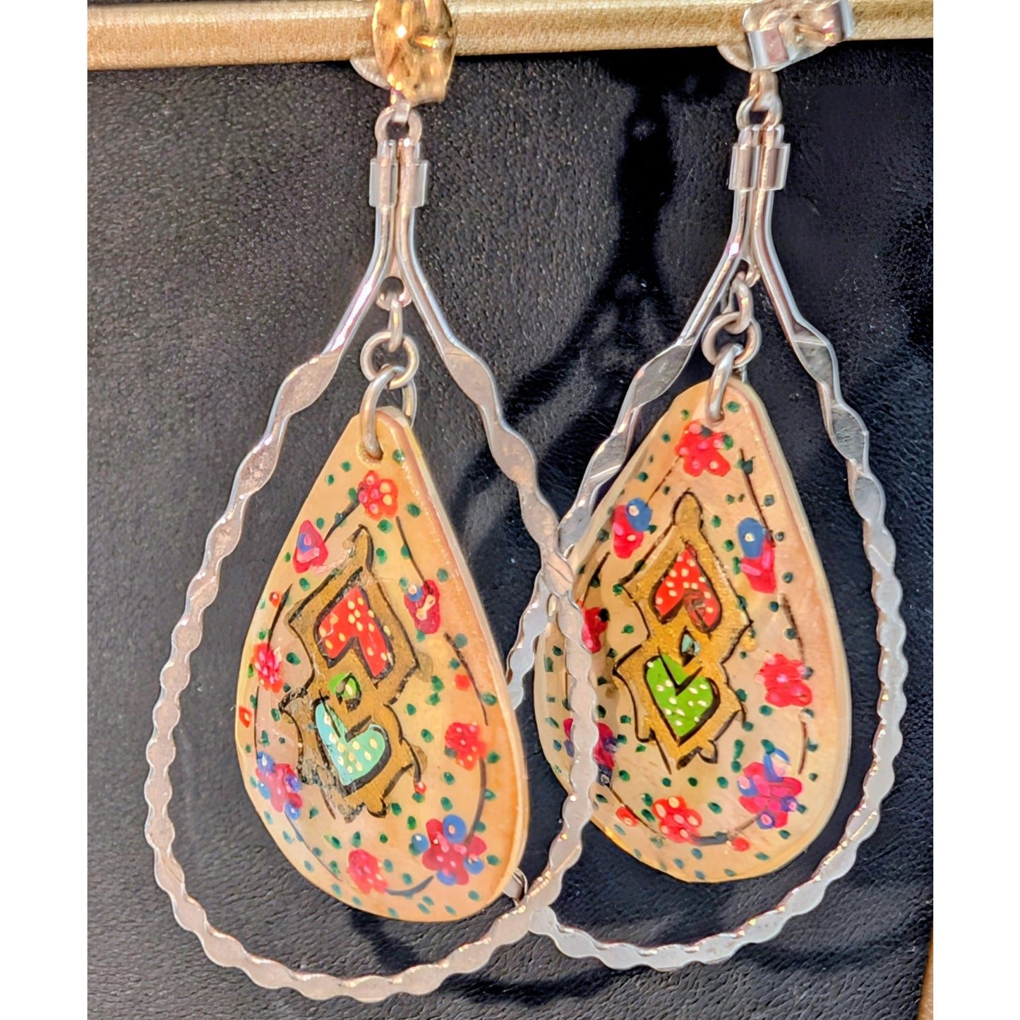 Vtg Middle Eastern Persian MOP Hand-Painted Two-Sided Bird Dangle/Drop Earrings