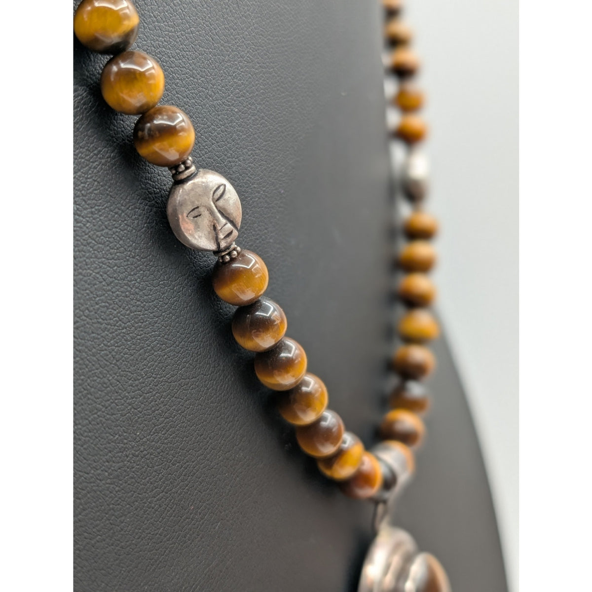 Vtg 925 Sterling Tiger's Eye Beaded Bezel Set Pendant Toggle Clasp 20" Necklace