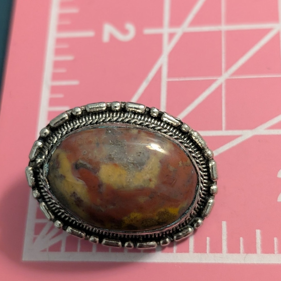 Vintage Large Chunky Bezel Set Jasper Stone Silver Tone Clip On Earrings