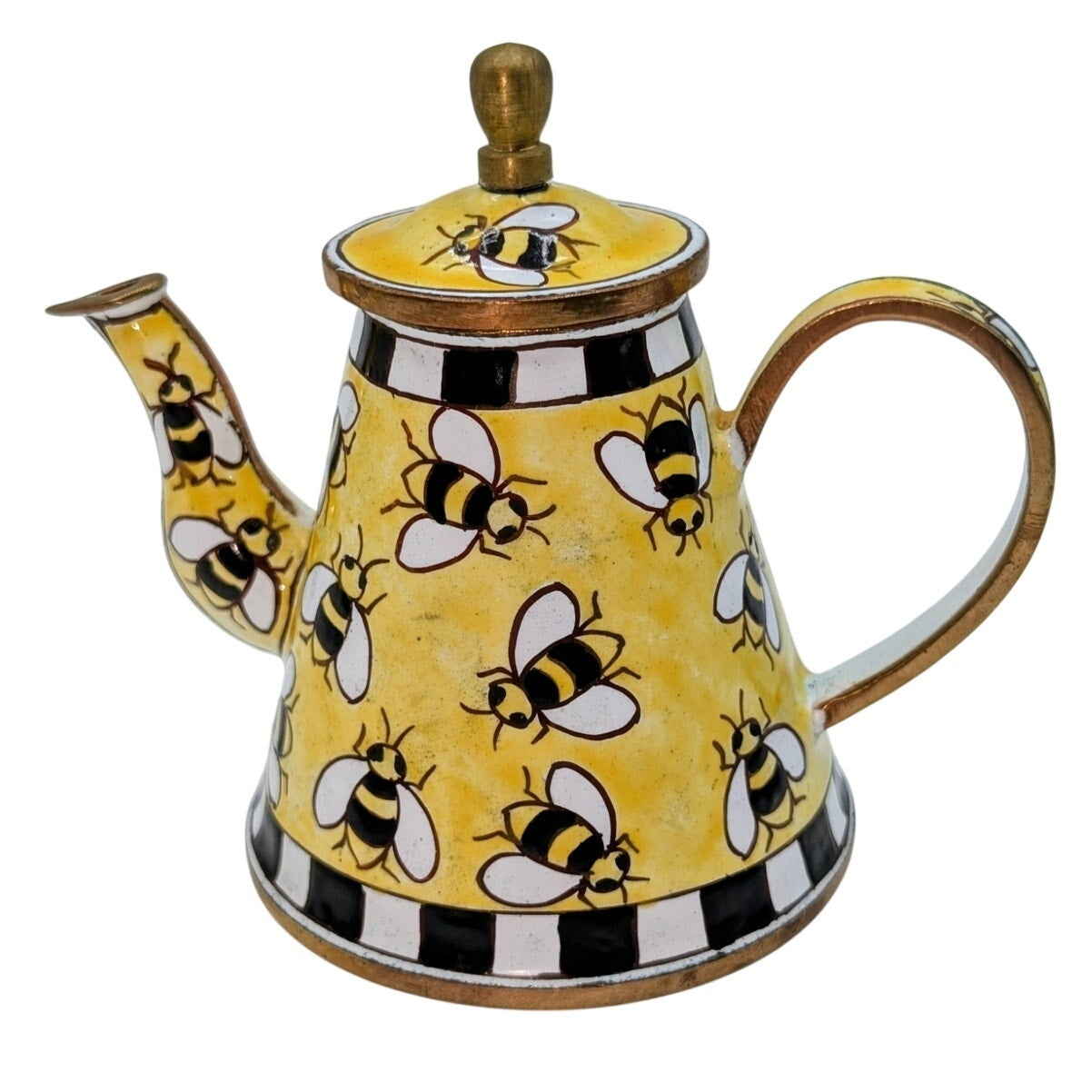 Vtg Miniature 3.5" Enameled Hand Painted Bumble Bee Brass Collectible Teapot