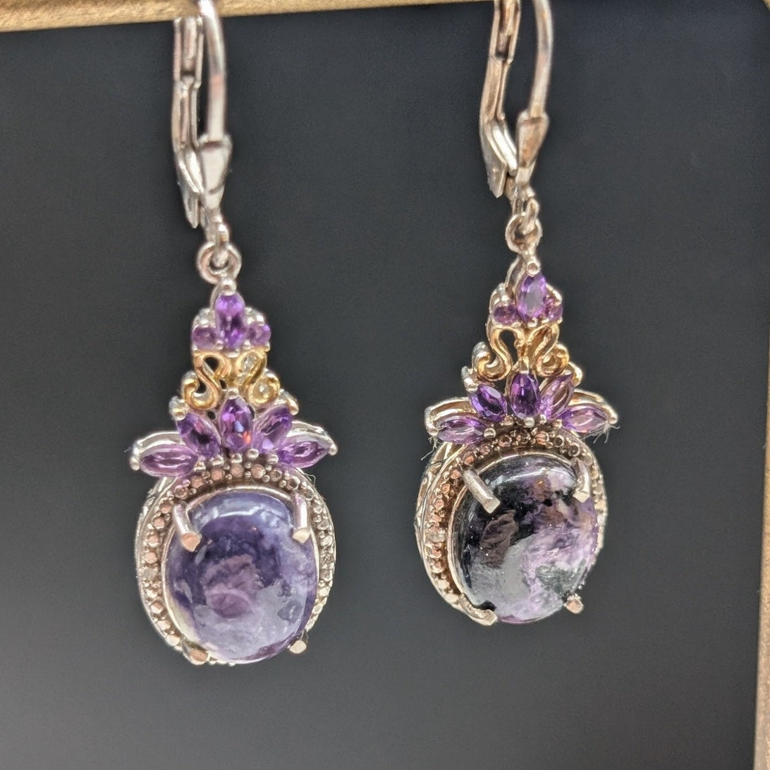 STS Sterling Amethyst/Purple Sodalite Dangle Lever-Back 1.5" Earrings 7.04g