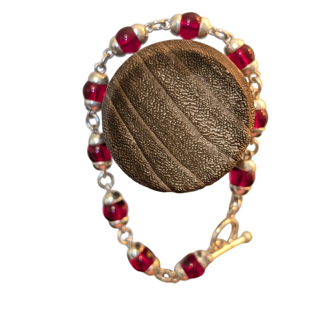 Bright Red Czech Glass Sterling Silver 925 Toggle Clasp 7.75" Bracelet