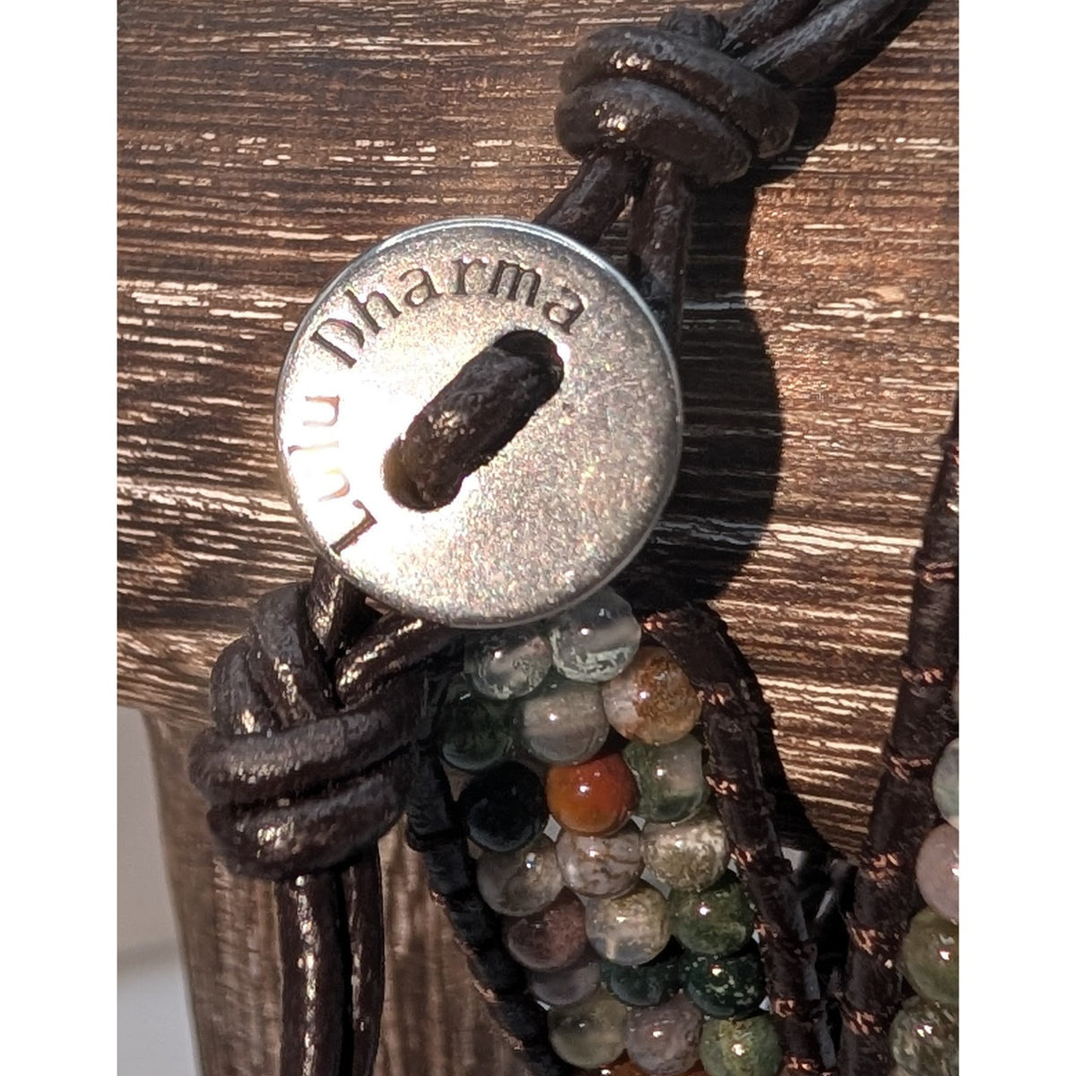 Lulu Dharma Green Brown Stone Neutral Tones Leather Wrap Bracelet