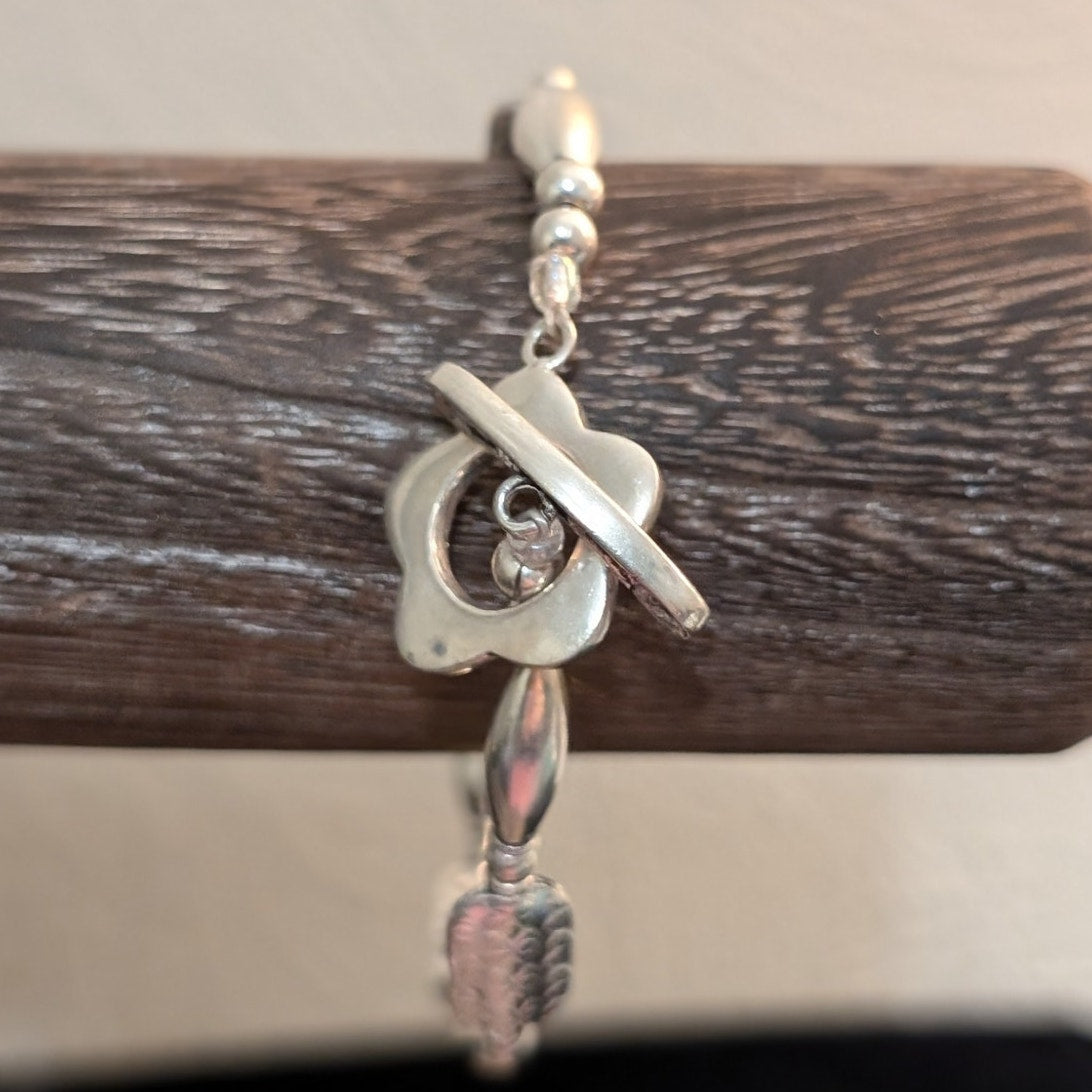 925 Sterling Silver Oval Textured Long Bicone Beaded Flower Toggle Bracelet