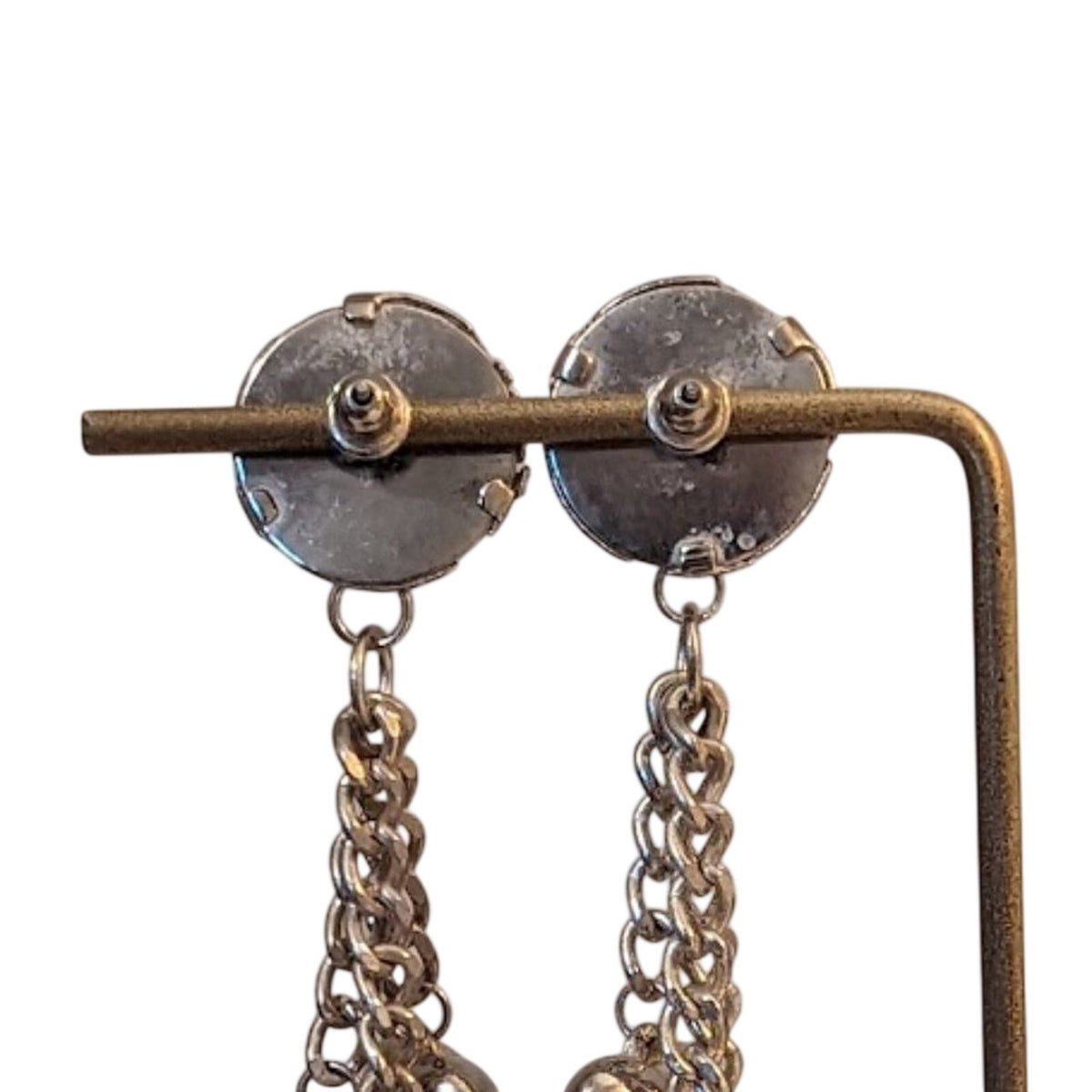 Vintage Filigree Button Dangling Hearts Post Earrings in Silver Tone Metal