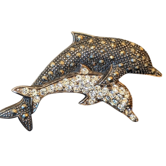 Vintage 925 Sterling Silver Two Dolphin Marcasite & Clear Stone Brooch