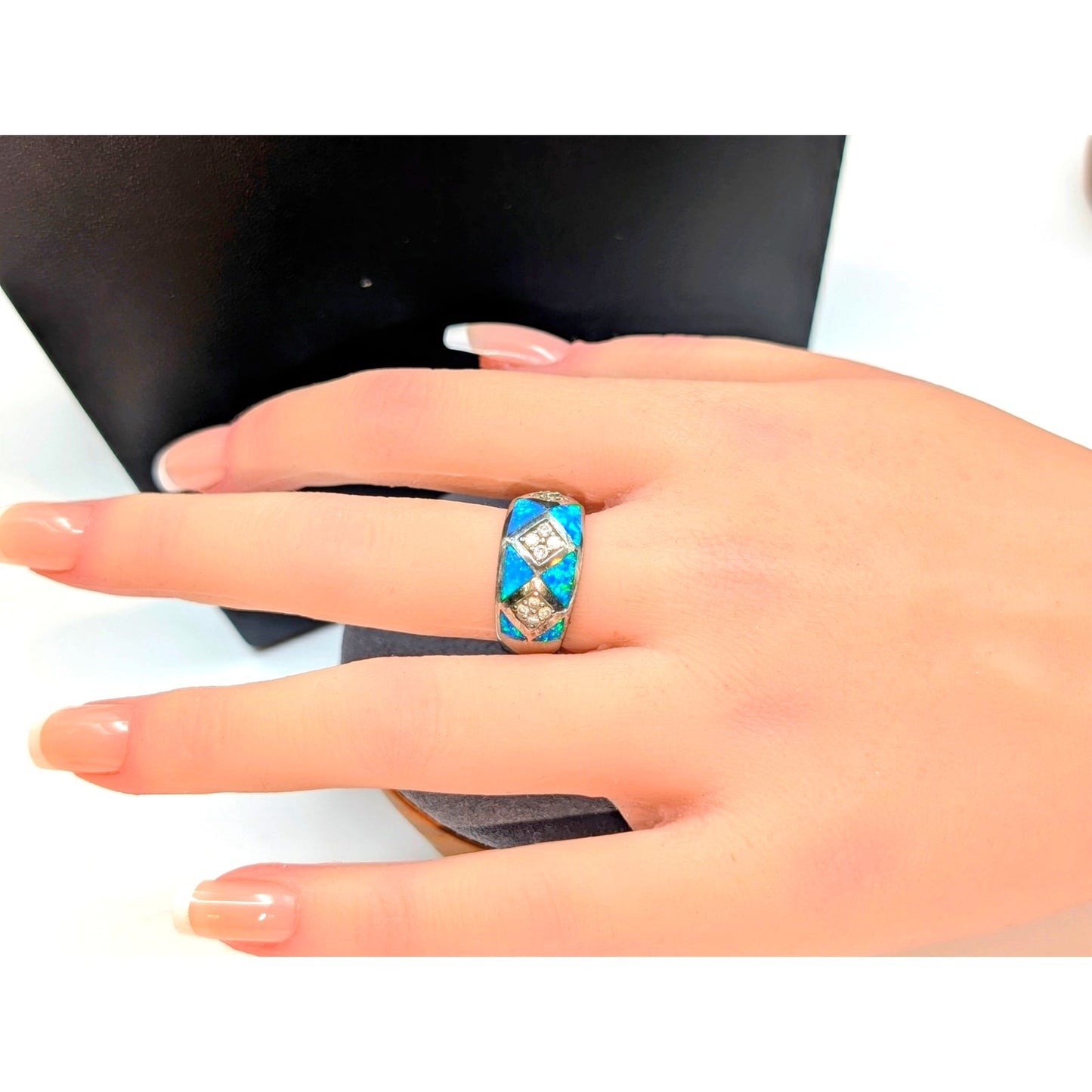 Vintage 925 Sterling Silver Opal CZ Band Ring Size 6