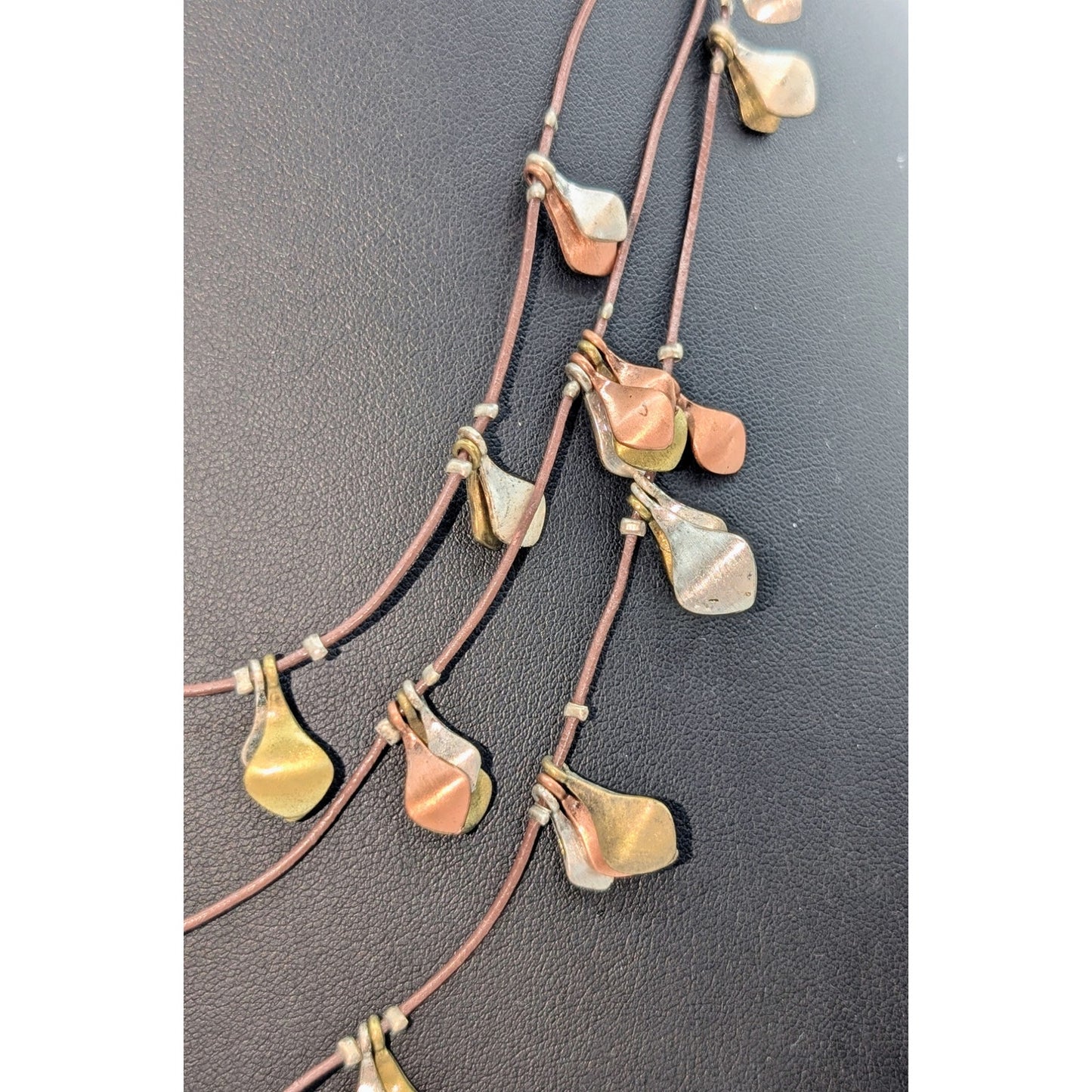 Brown Triple Corded Strand Tri-Color Metal Dangle 18"-20" Necklace
