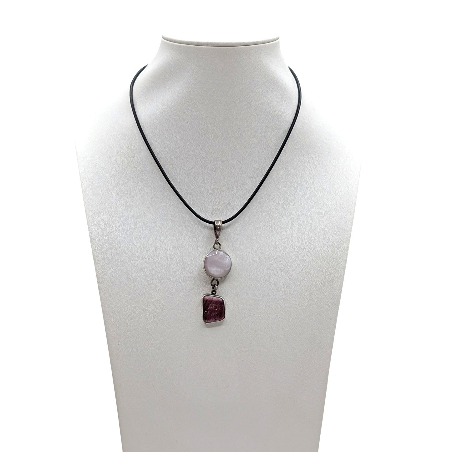 Vtg 925 Sterling Silver Pink Mother of Pearl & Purple Spiny Oyster Cord Necklace