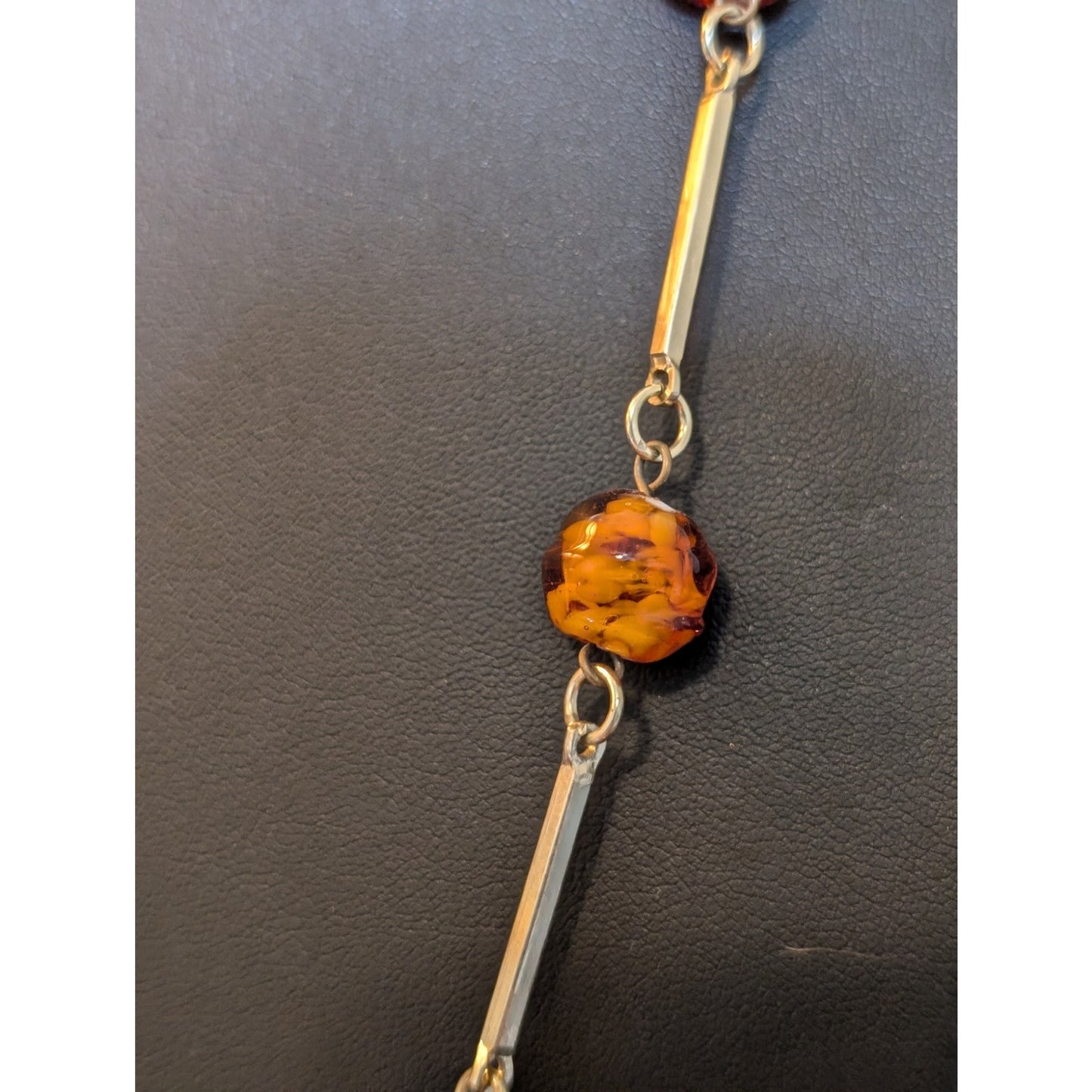 Rare Vintage Mid Century Amber Art Glass Bar Bead Gold Tone 30" Necklace