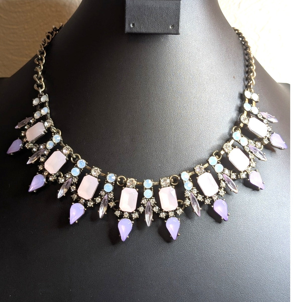 Purple Pink Rhinestone Bronze Metal Statement Necklace