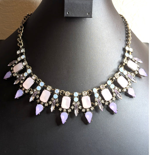 Purple Pink Rhinestone Bronze Metal Statement Necklace