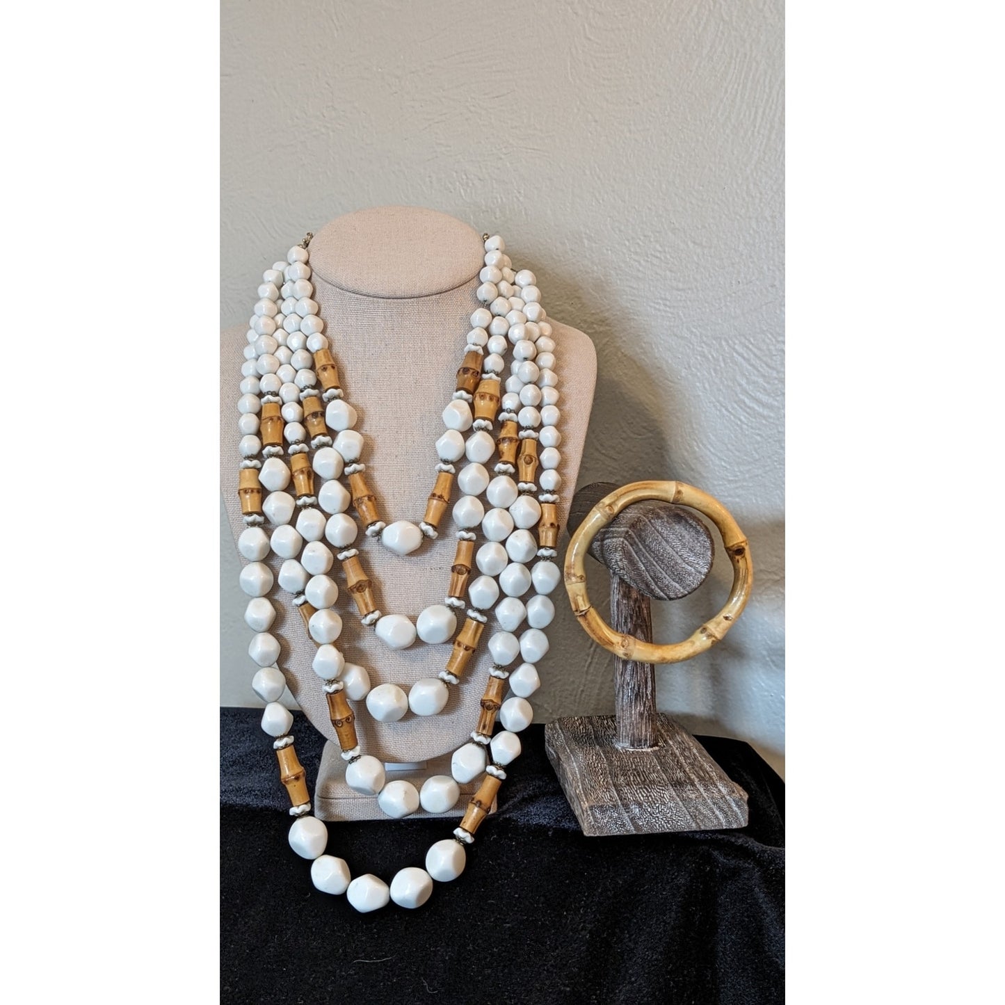 Signed Hobe Five Strand White & Bamboo Bead Vintage Necklace