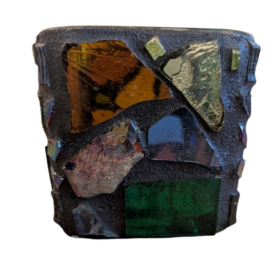 Vintage Mid-Century Brutalist Made in Mexico Stained Glass Mosaic Candle Holder