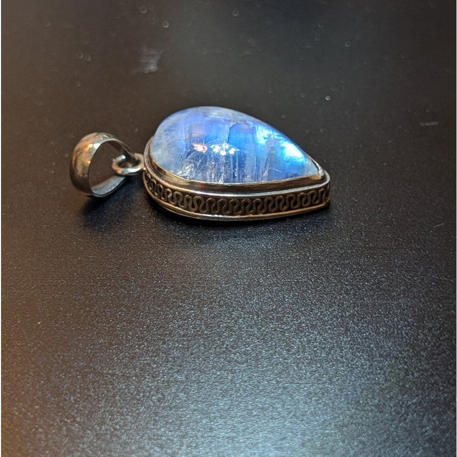 Blue Moonstone Teardrop Bali Wire Solid 925 Sterling Pendant Rope Chain Necklace