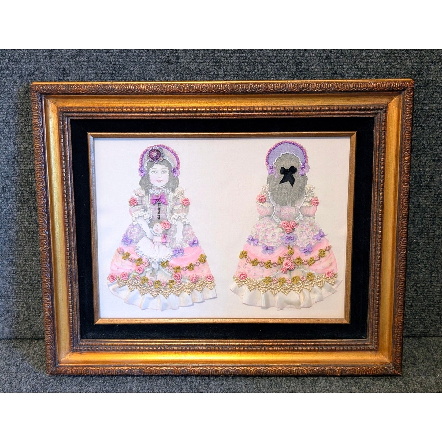 Vintage Ribbon & Lace Print Lady in Vintage Wood Frame