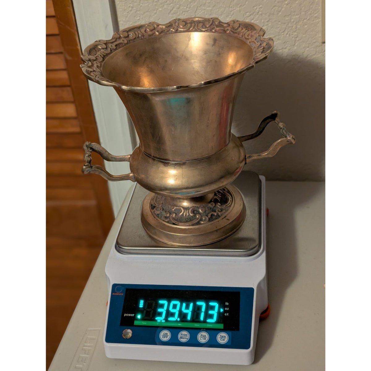 Vintage Embossed Brass Pedestal Champagne Bucket Urn With Handles
