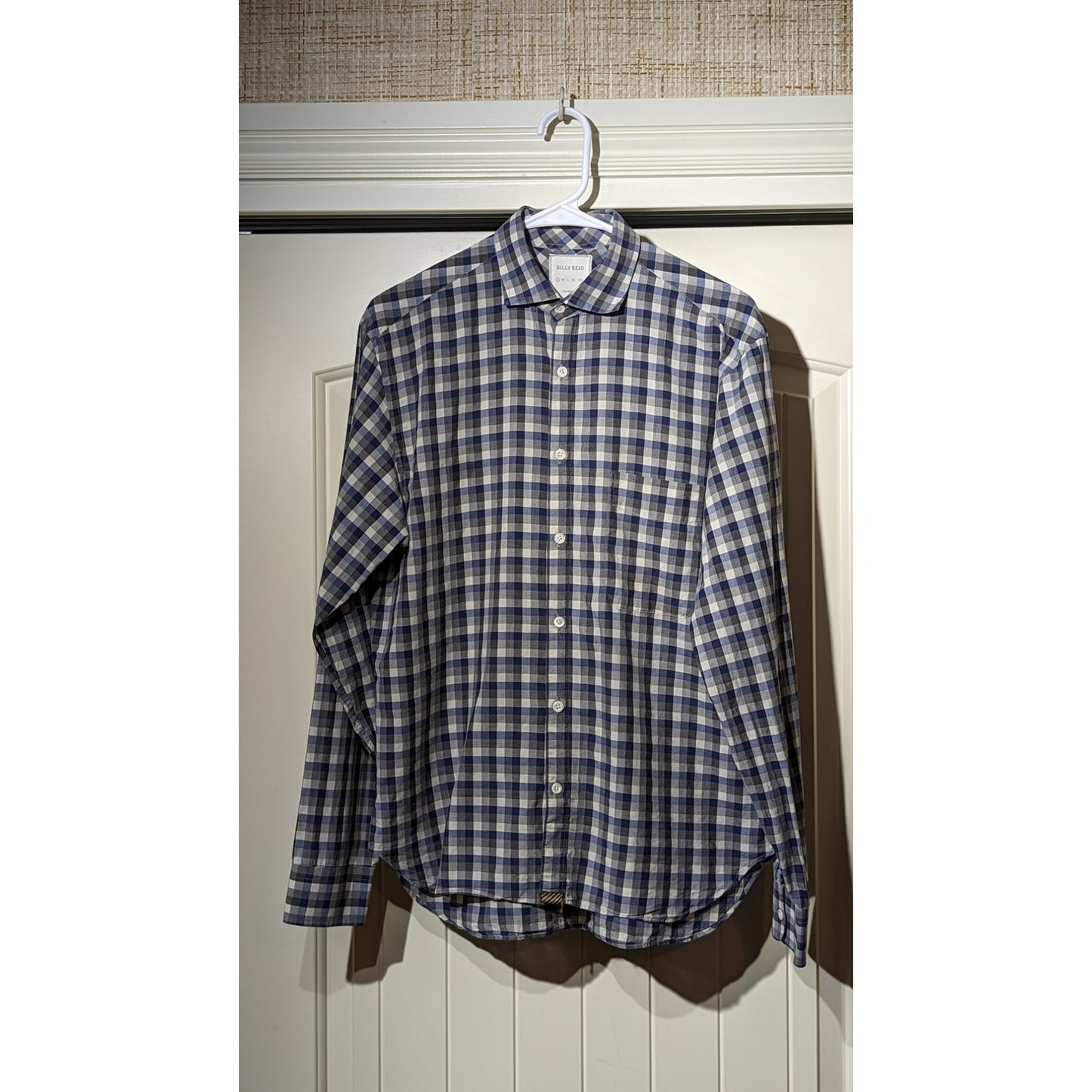 Billy Reid Made in Italy Blue Gray Check Standard Cut Button Up Shirt Mens Sz S