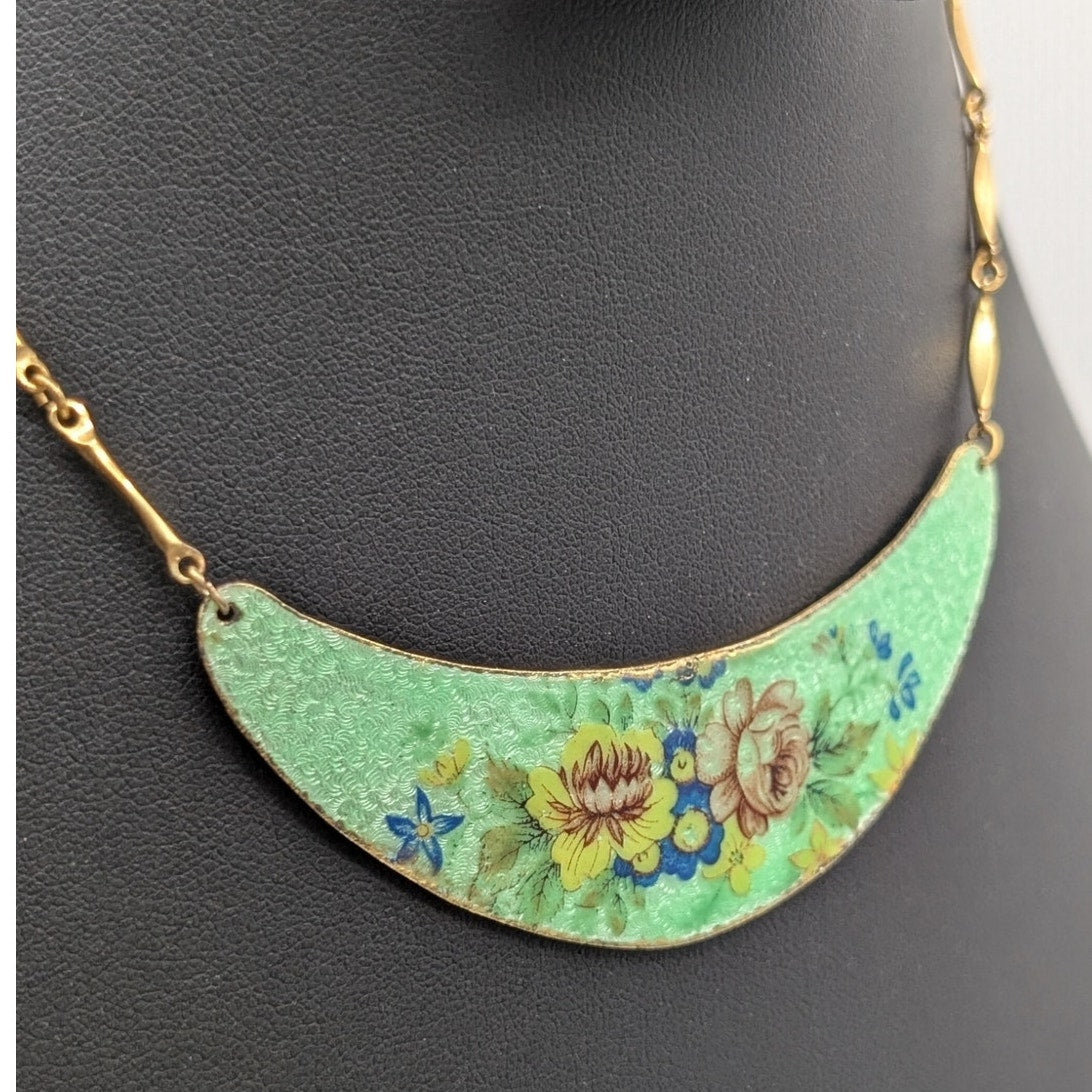Vintage Gold Tone Green Hand Painted Enamel Choker 15" Necklace