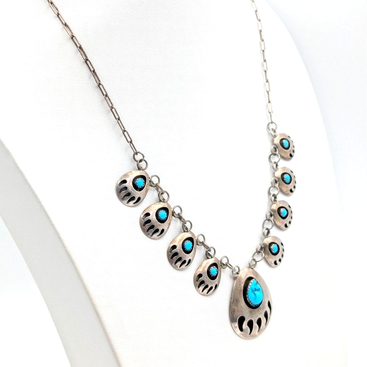 Vintage Navajo Signed SJ Sterling Silver Turquoise Bear Claw Chain 19" Necklace