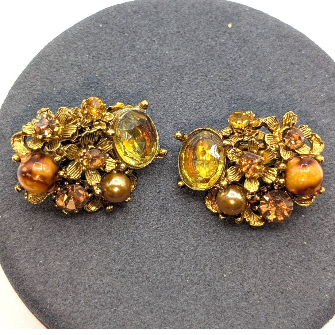 VTG Signed Selini 1950s Citrine Crystal Faux Pearl Rhinestone Clip On Earrings