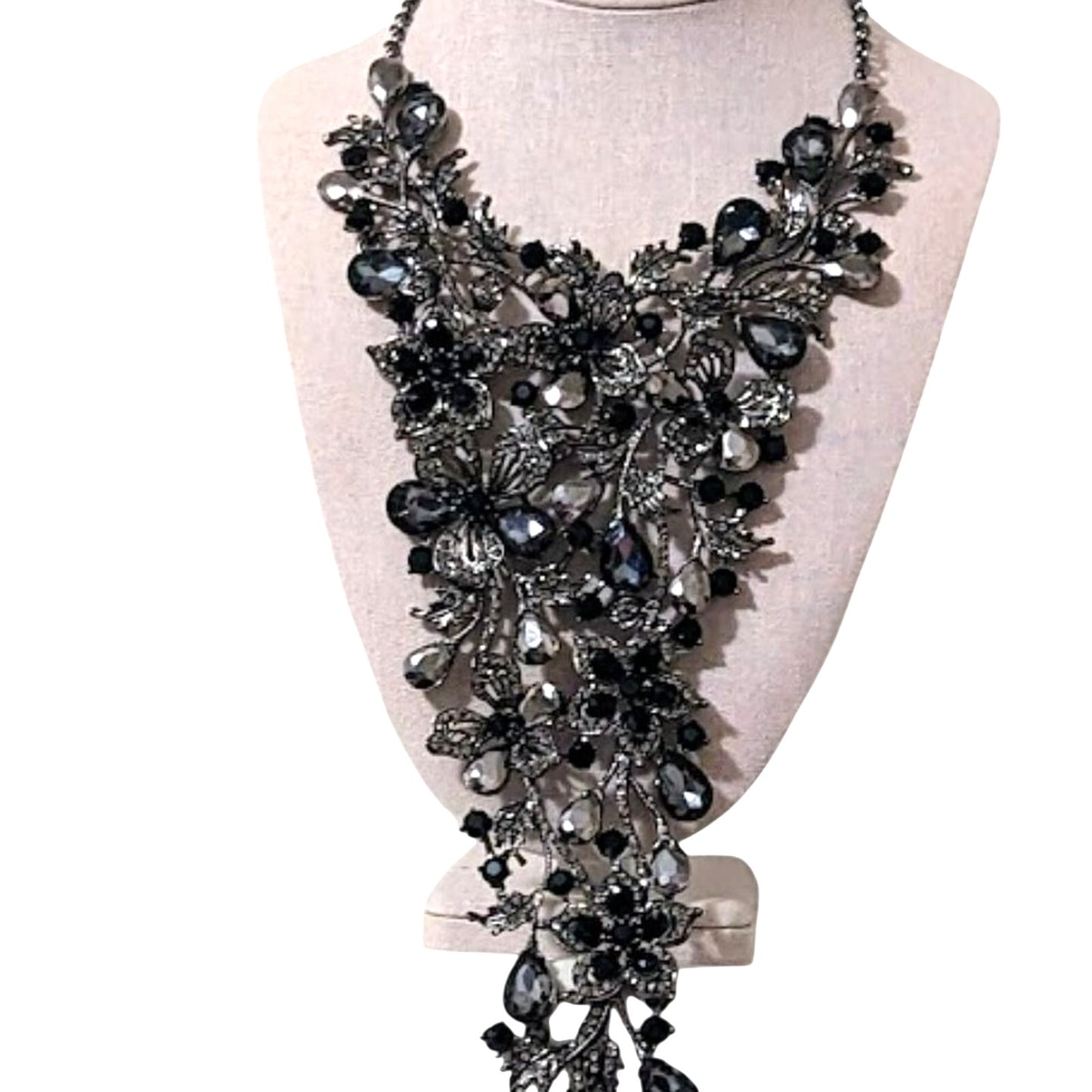 Natasha Flower Power Black Gray Metallic Stone Gun Metal Cascade Necklace