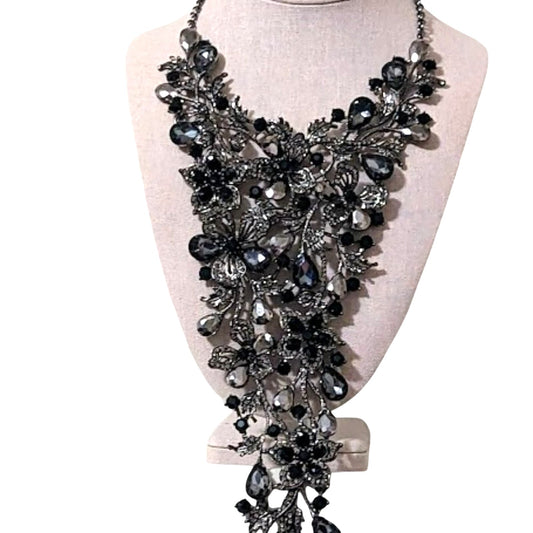 Natasha Flower Power Black Gray Metallic Stone Gun Metal Cascade Necklace