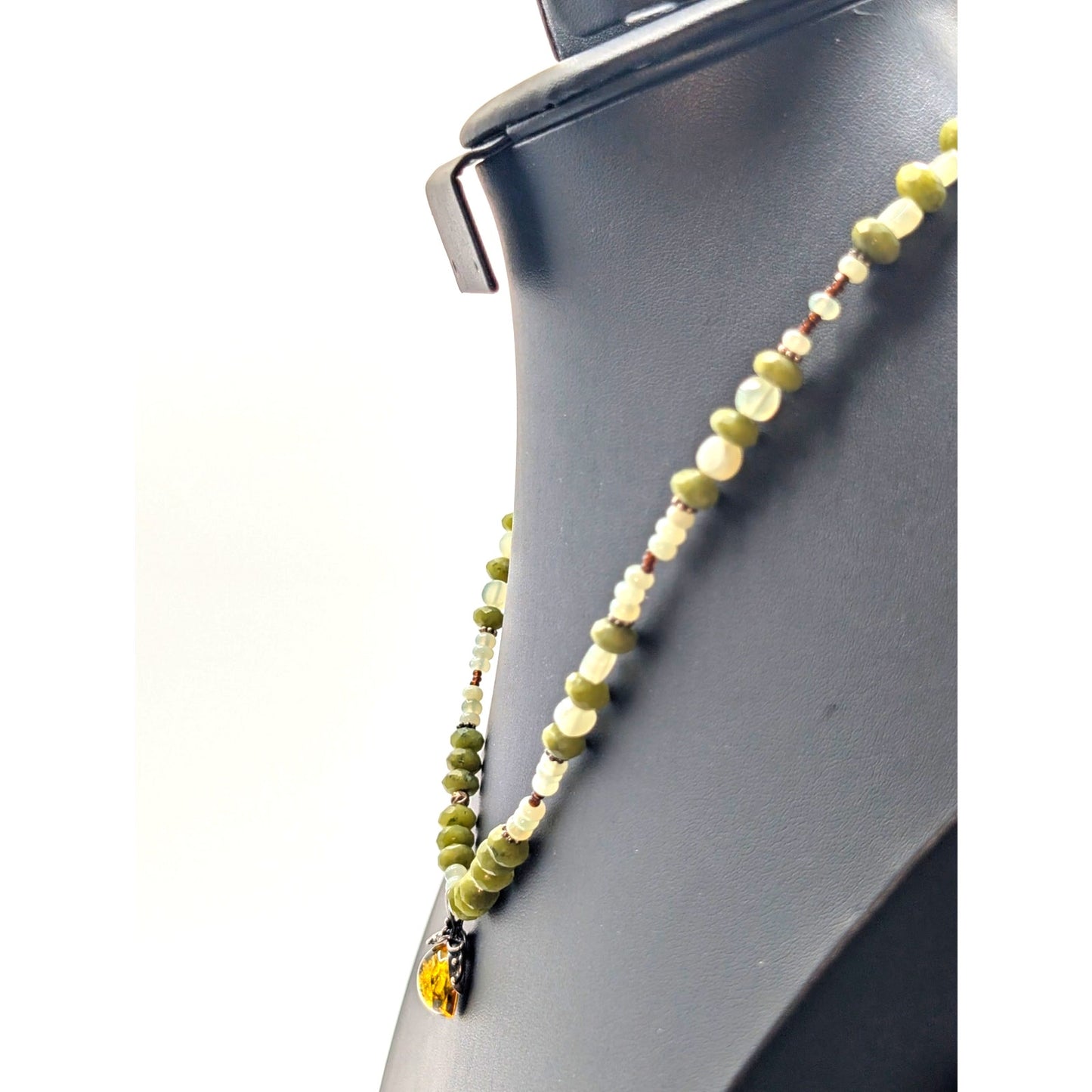 925 Sterling Silver Green Gemstone Bead Green Amber Pendant Necklace