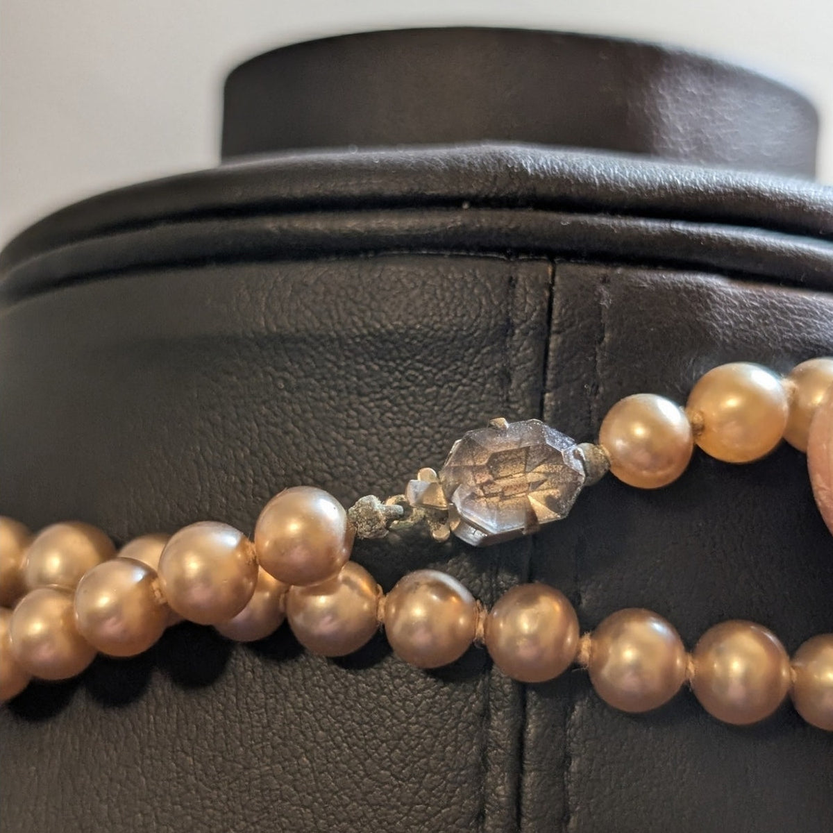 Vintage 58" Long 5-6mm Faux Champagne Pearl Rhinestone Slide In Clasp Necklace