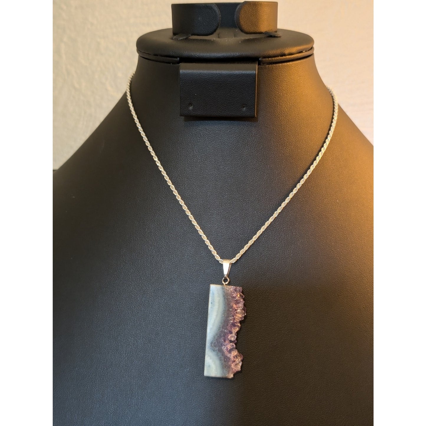925 Sterling Amethyst Slice Crystal Pendant on Sterling Silver Rope Chain