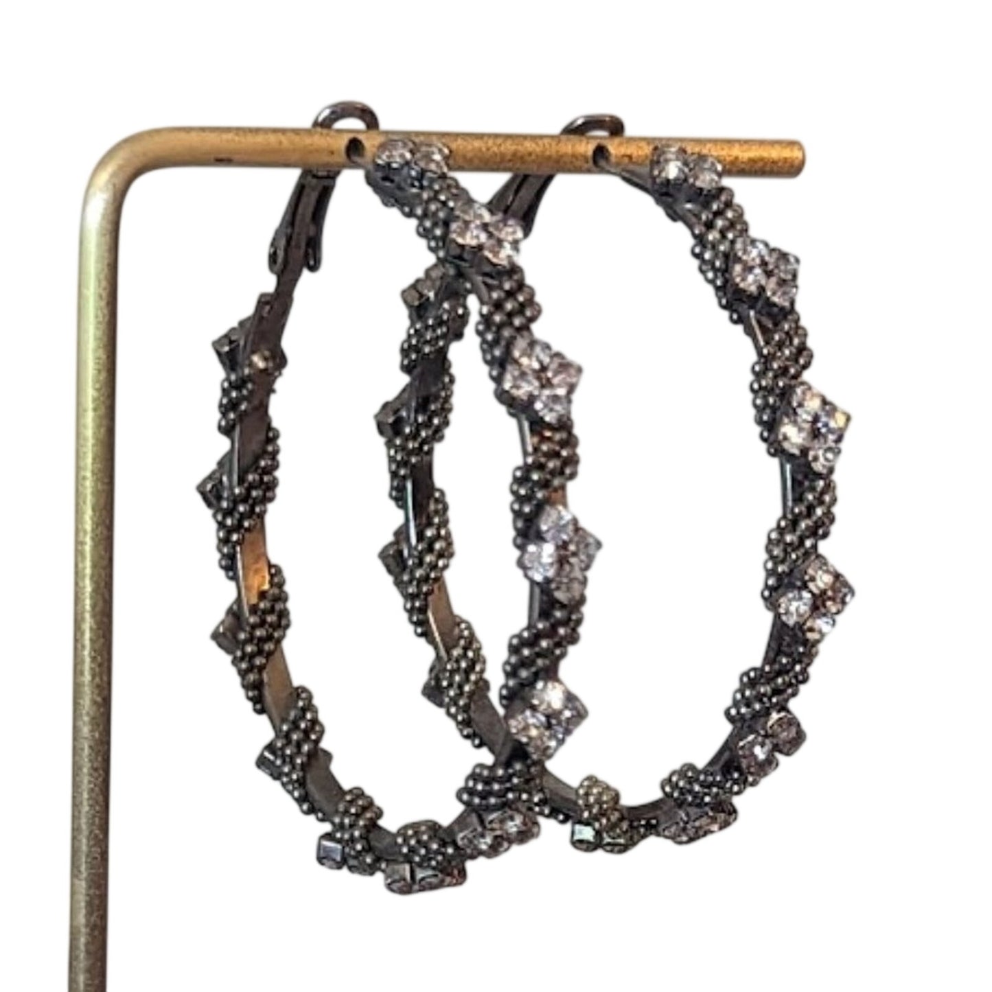 Gun Metal Beaded Flower Rhinestone Hoop Earrings