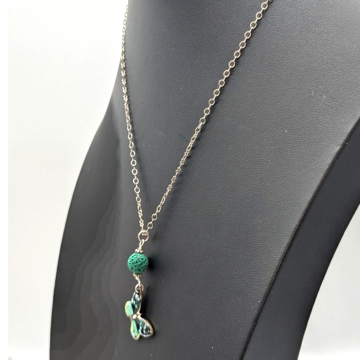 Silver Tone Teal Aromatherapy Butterfly Lava Stone 20" Necklace