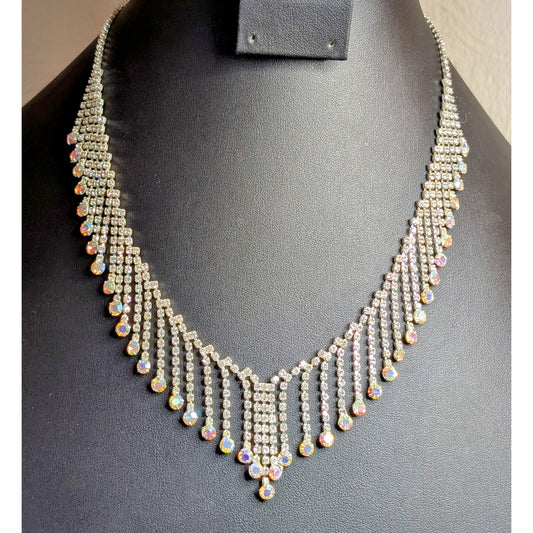 Rhinestone AB Crystal Fringe Dangle Silver Tone 17"-18" Necklace