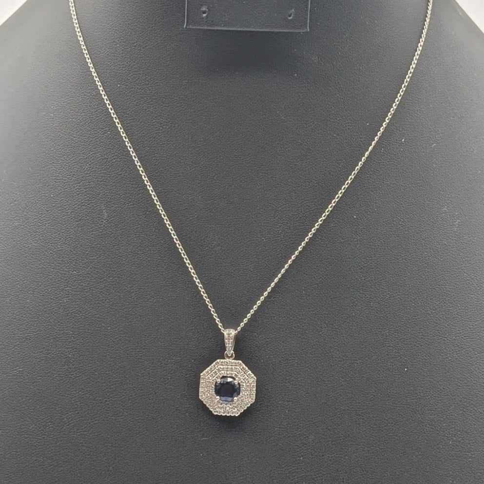 925 Sterling Silver Sapphire & Clear CZ Pendant 16.75" Necklace