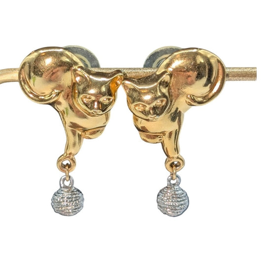 Two Tone Metal Adorable Playful Cats W/ Dangling Ball of Yarn Pierced Earrings