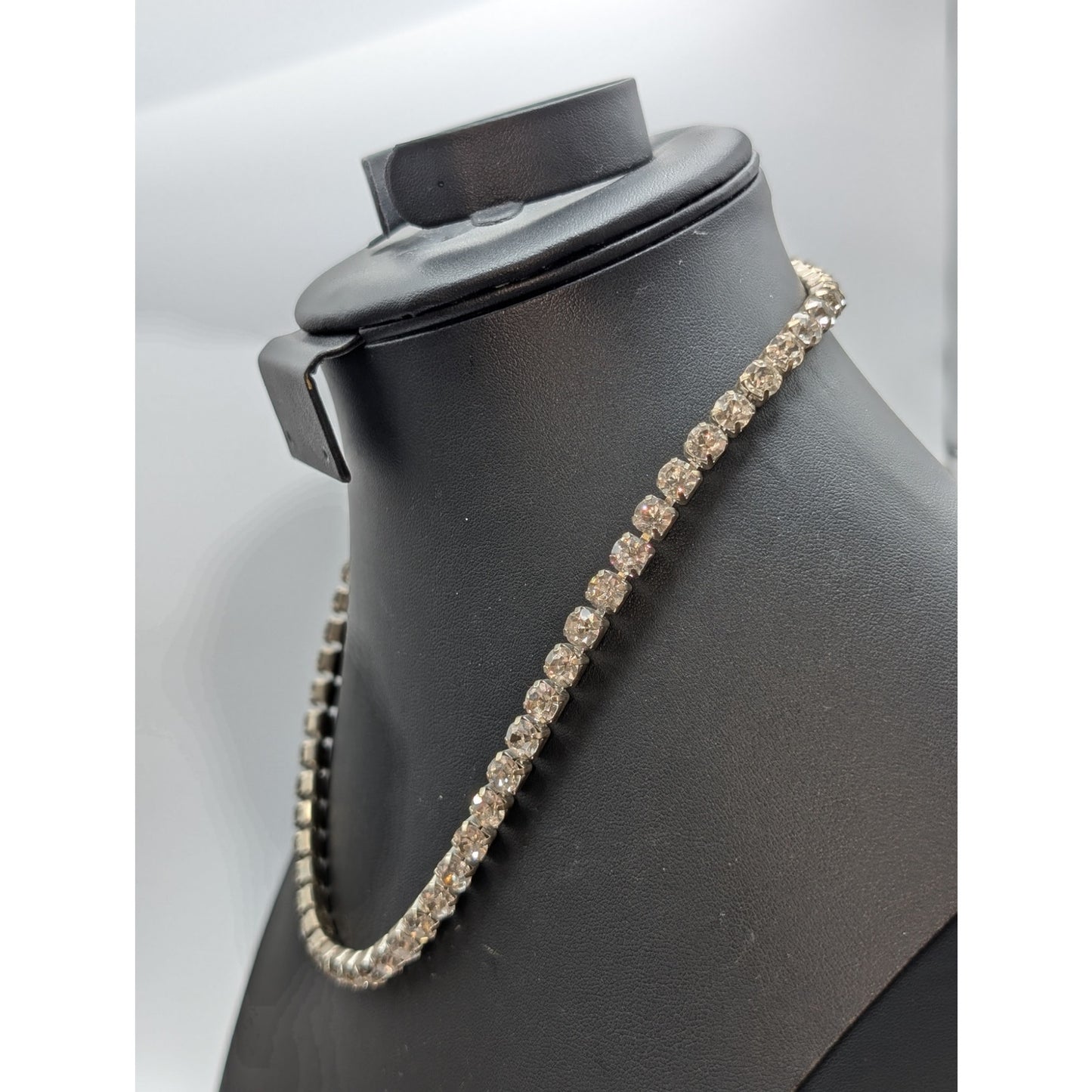Vtg 6mm All Rhinestone Single Strand Fold Over Clasp Silver Tone 18" Necklace