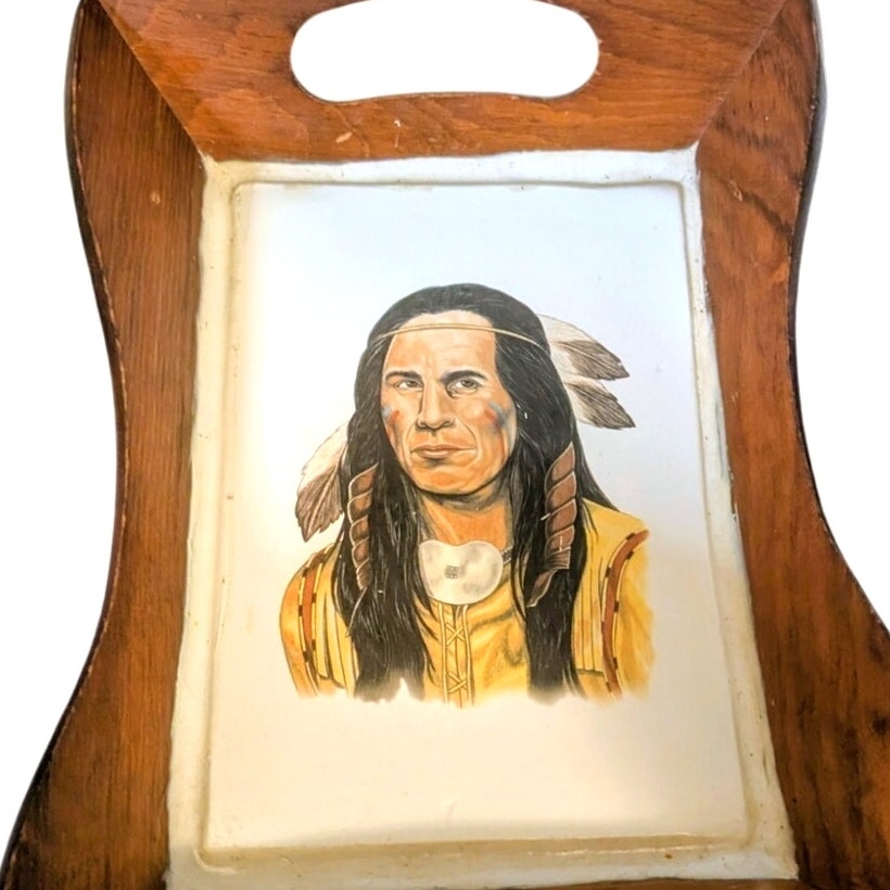 Vintage Painted Indian Ceramic Tile Wood Handled Tray