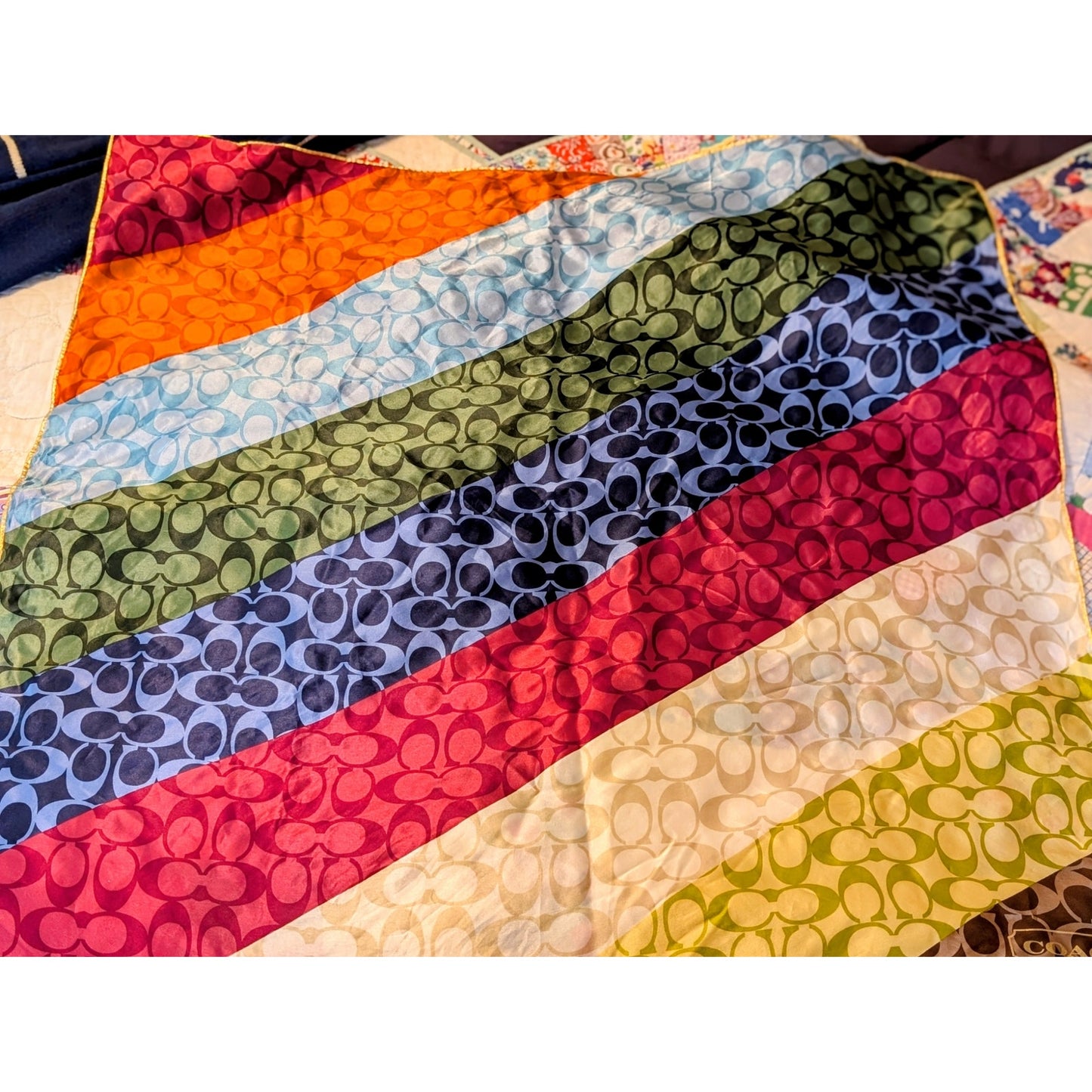 Retired COACH Multi-Color Logo 100% Silk Gold Trim 27" X 27" Scarf