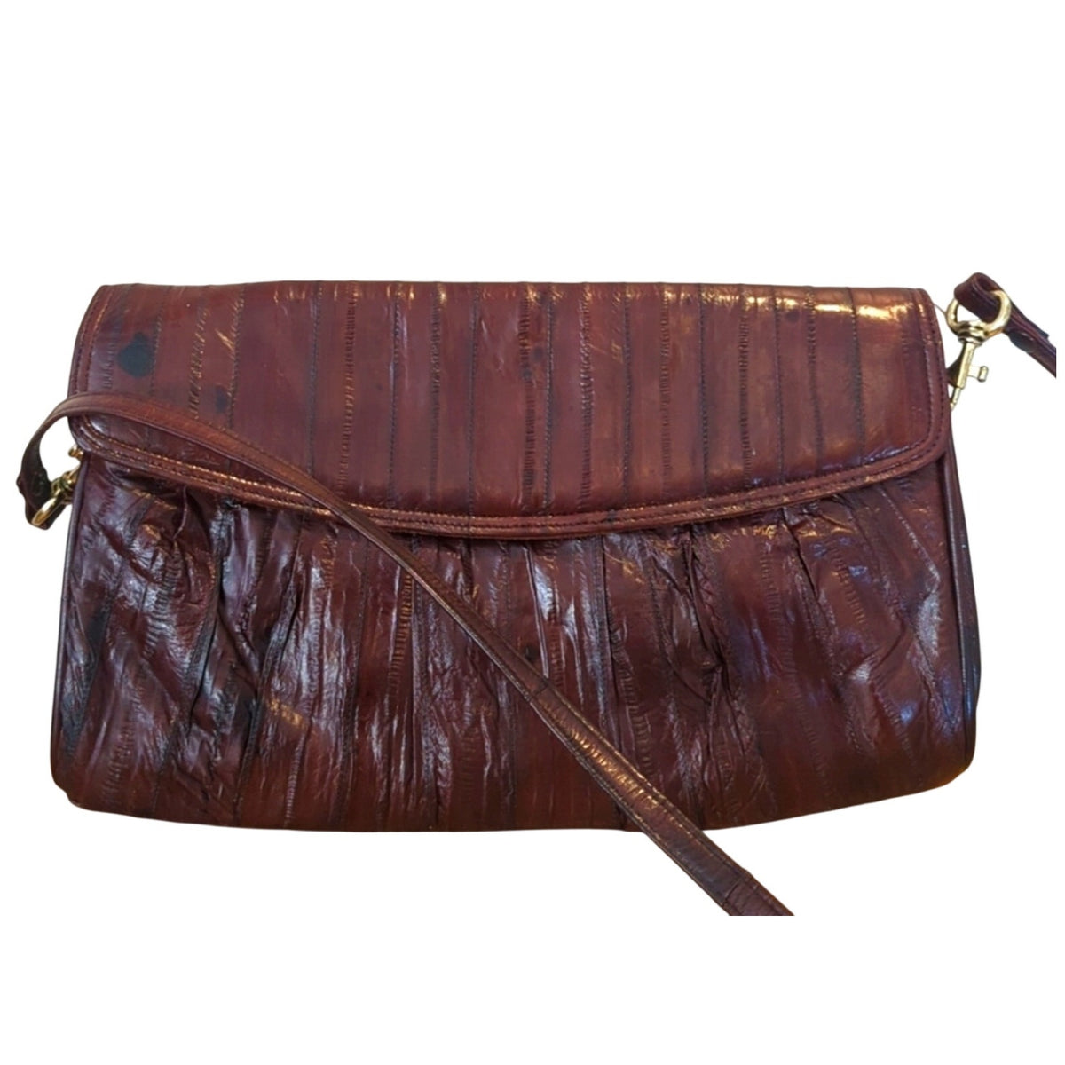 Vintage Leather of the Sea Brown Eel Skin Flap Closure Crossbody Handbag