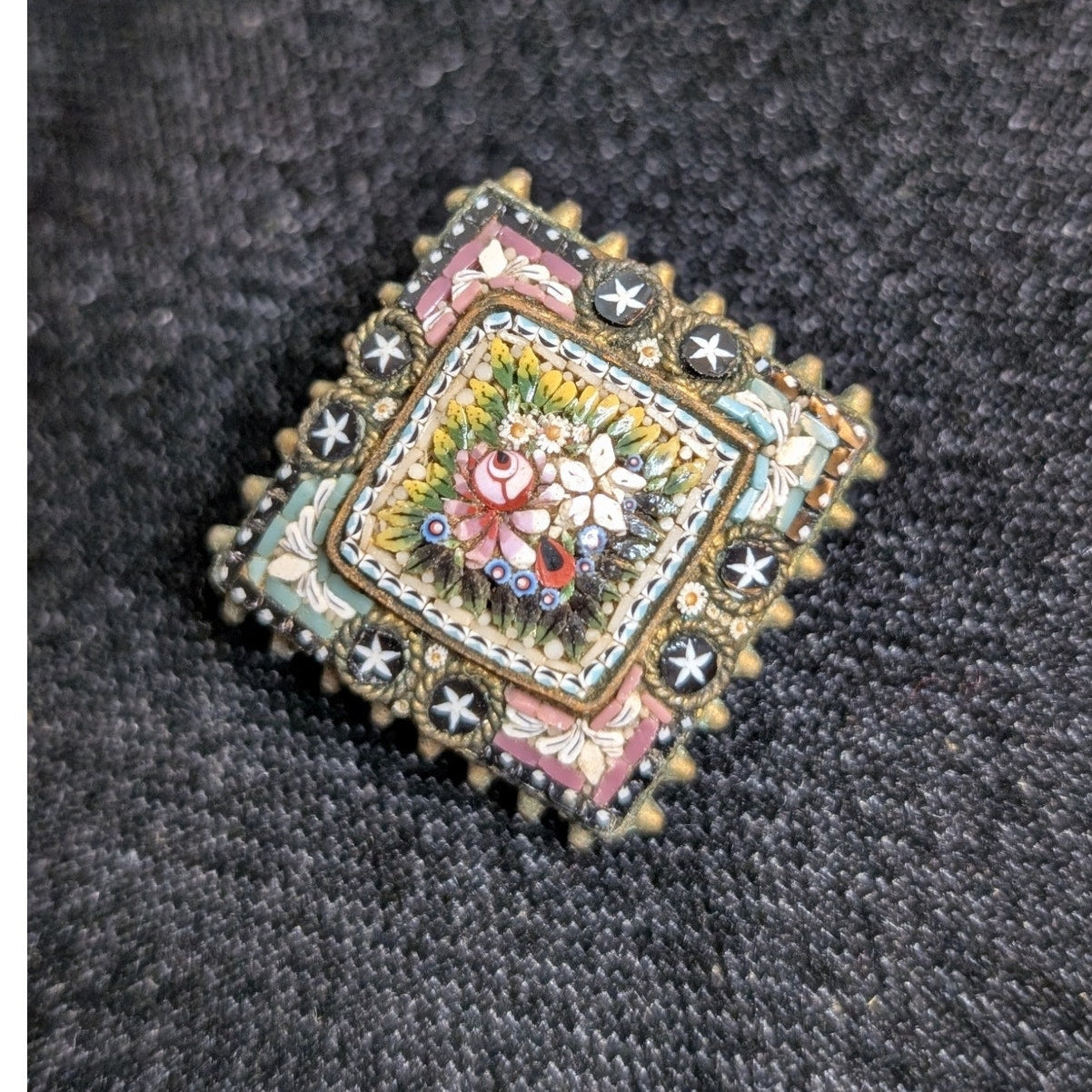 Antique Micro Mosaic Italian 19th Century 7/8" Square Brooch W/ Broken Off Hook