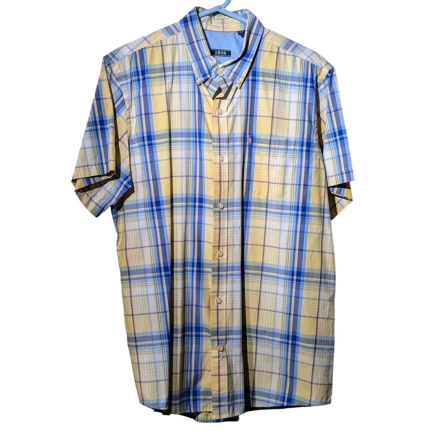 Izod Yellow Blue Plaid Short Sleeve Button Down Shirt Mens Sz L