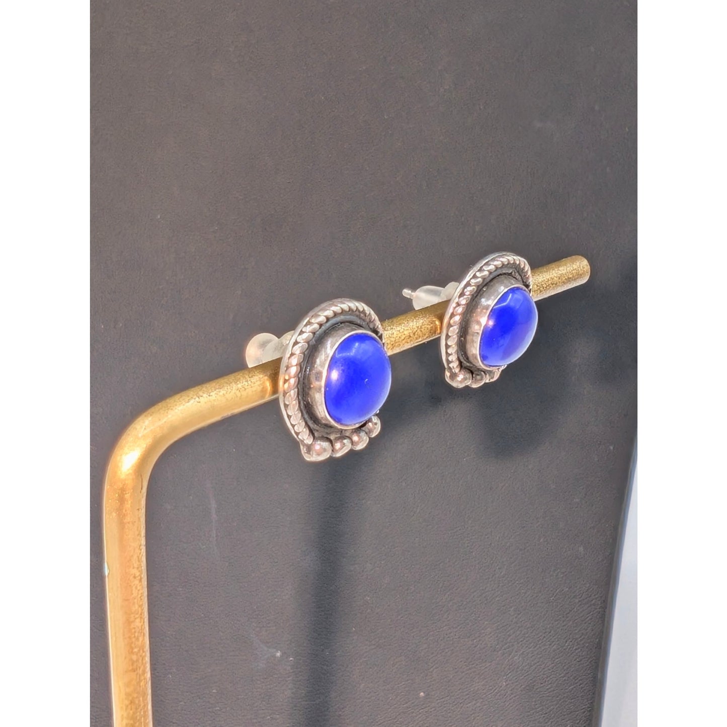 Vintage 925 Sterling Silver Lapis Lazuli Round Beaded Post Earrings